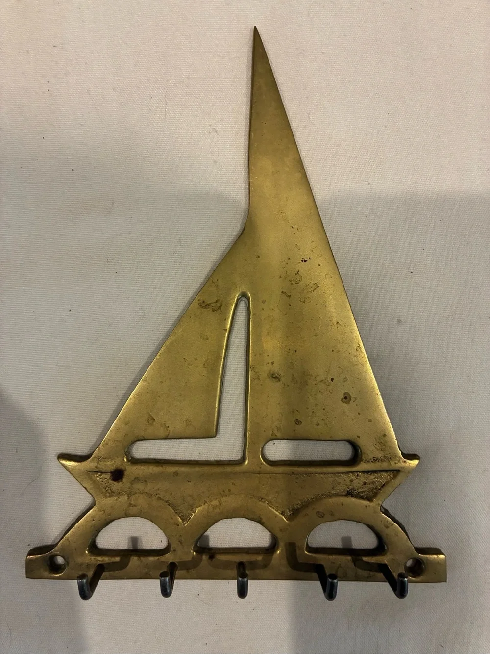 Brass Sailboat Wall Hook Rack - Gold-with 5 places for keys or FOBS Heavy Weight